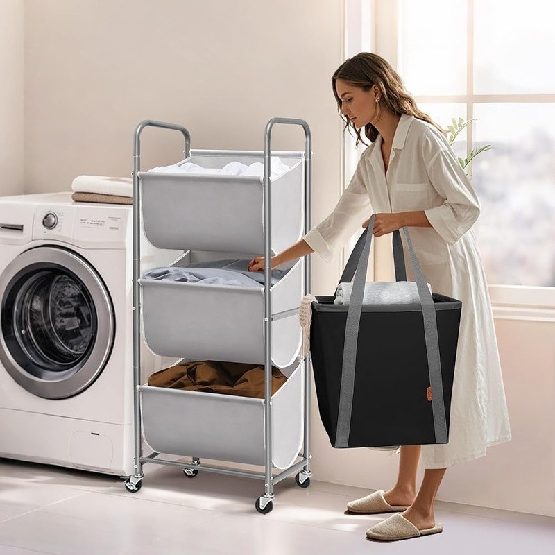 Space Saving Laundry Sorter 120L Capacity Multi Compartment Hamper W/ Wheels New