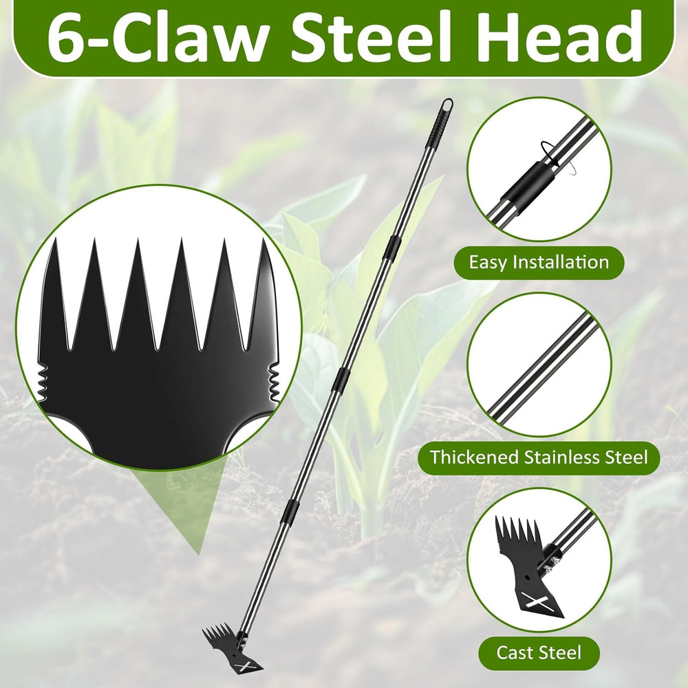 Adjustable Long Handle Weed Puller Tool - 2-in-1 Manual Weeder and Rake