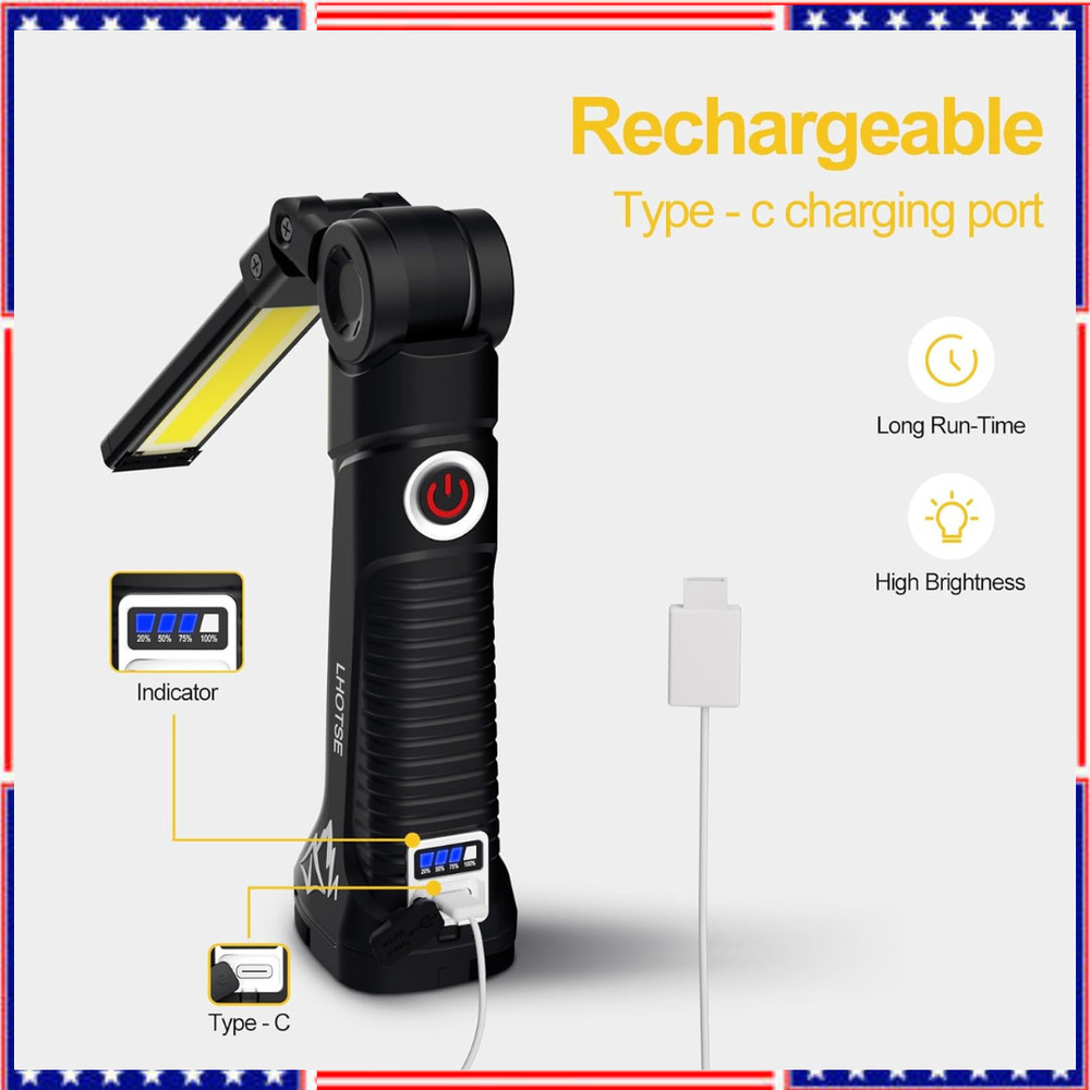 Rechargeable LED Work Light Magnetic Foldable Flashlight with Hook 5 Modes