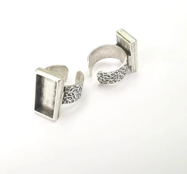 Rectangle Ring Blank Base Bezel Setting Antique Silver Adjustable 20x10mm G28600