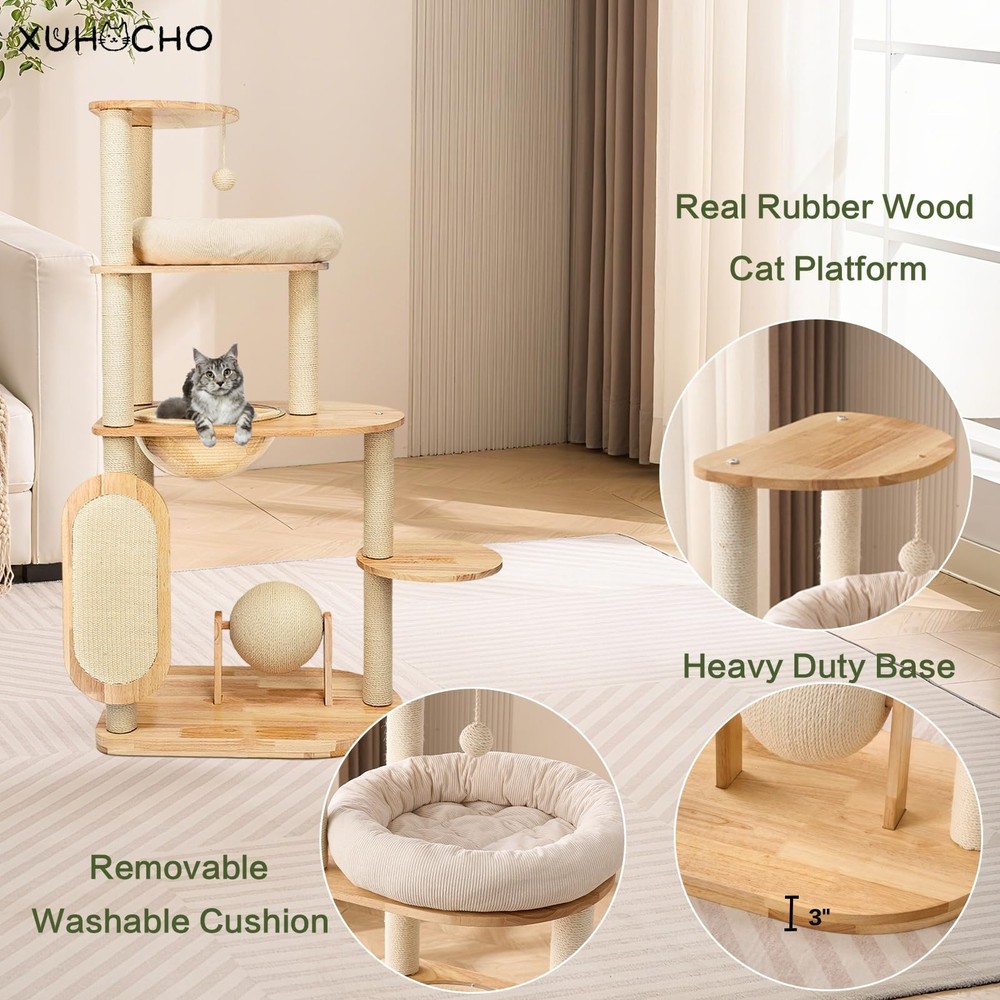 Modern Cat Tree with Scratching Post, Solid Wood Cat Tree Tower for Indoor Ca...