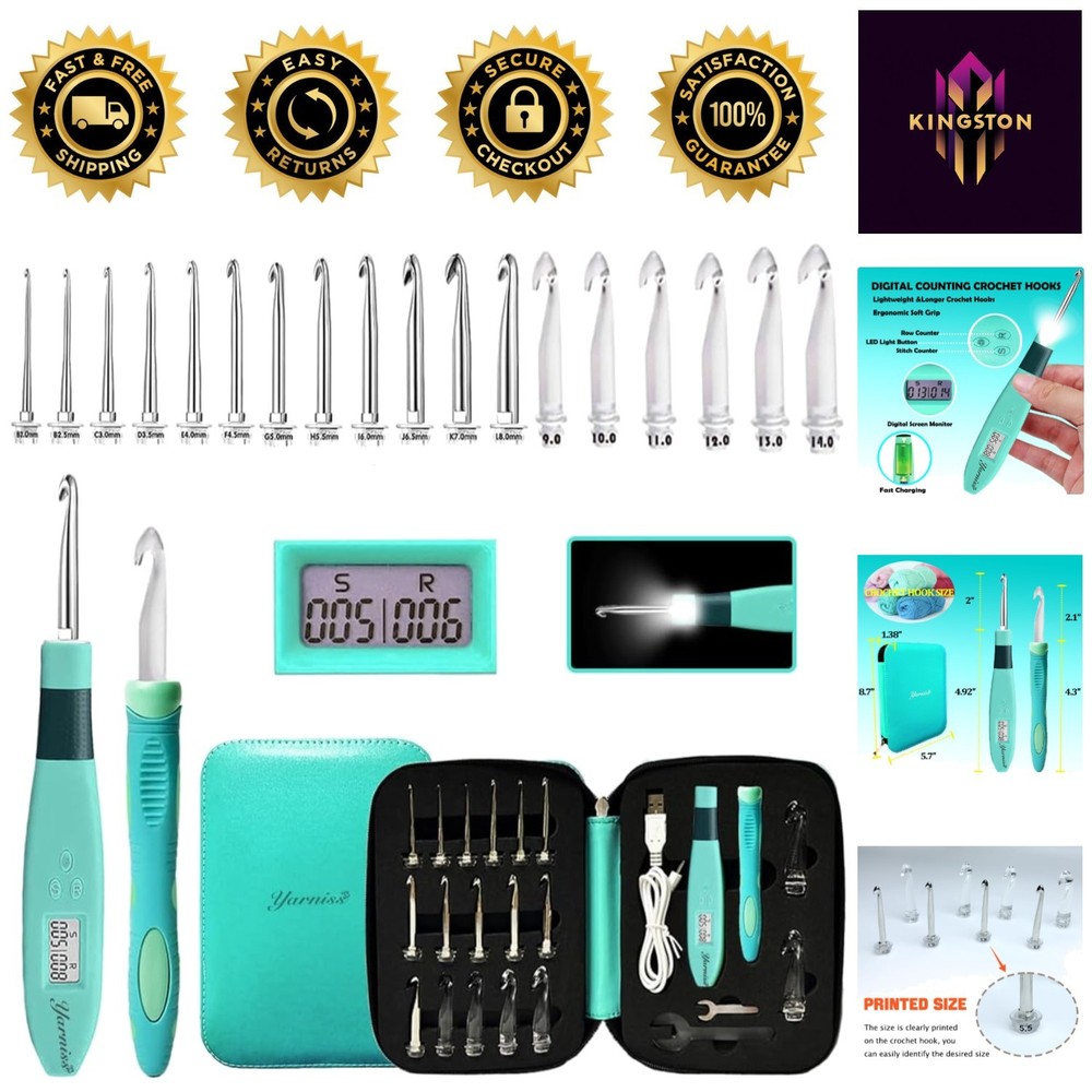 Complete 18-Piece Digital Counter Crochet Hook Set - Lighted & Interchangeable
