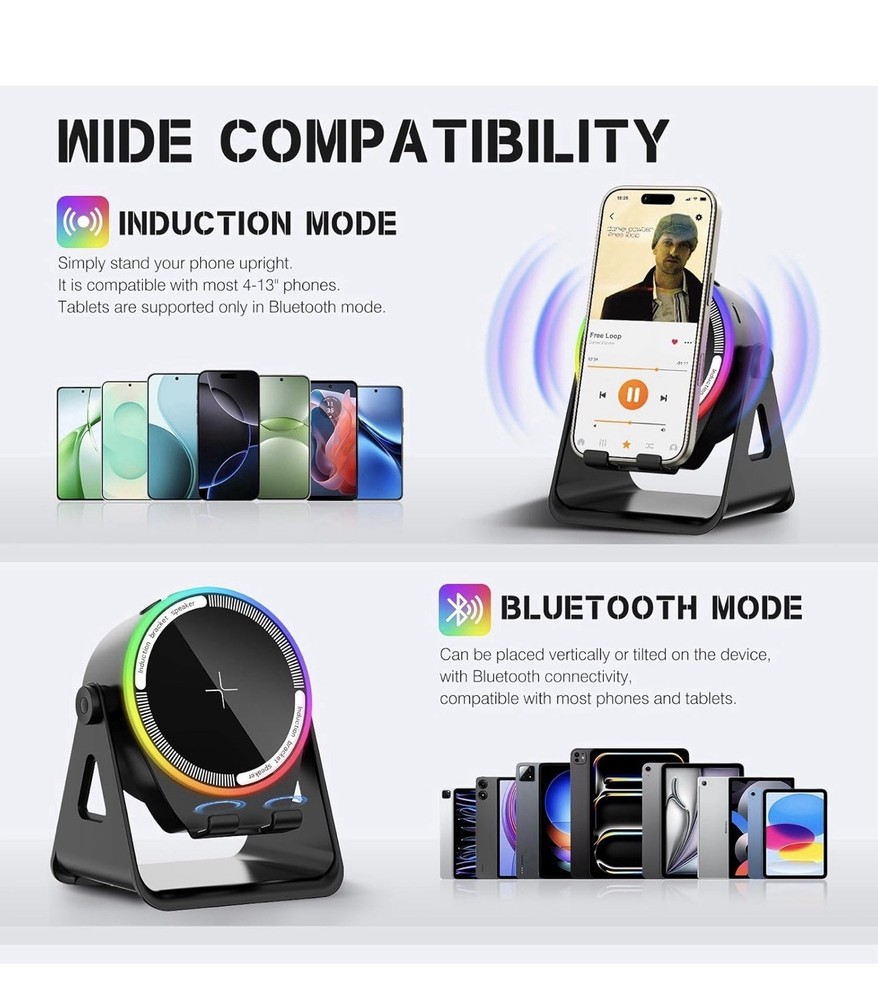 Bluetooth Wireless Induction Speaker, Adjustable Stand, RGB Ambient Light