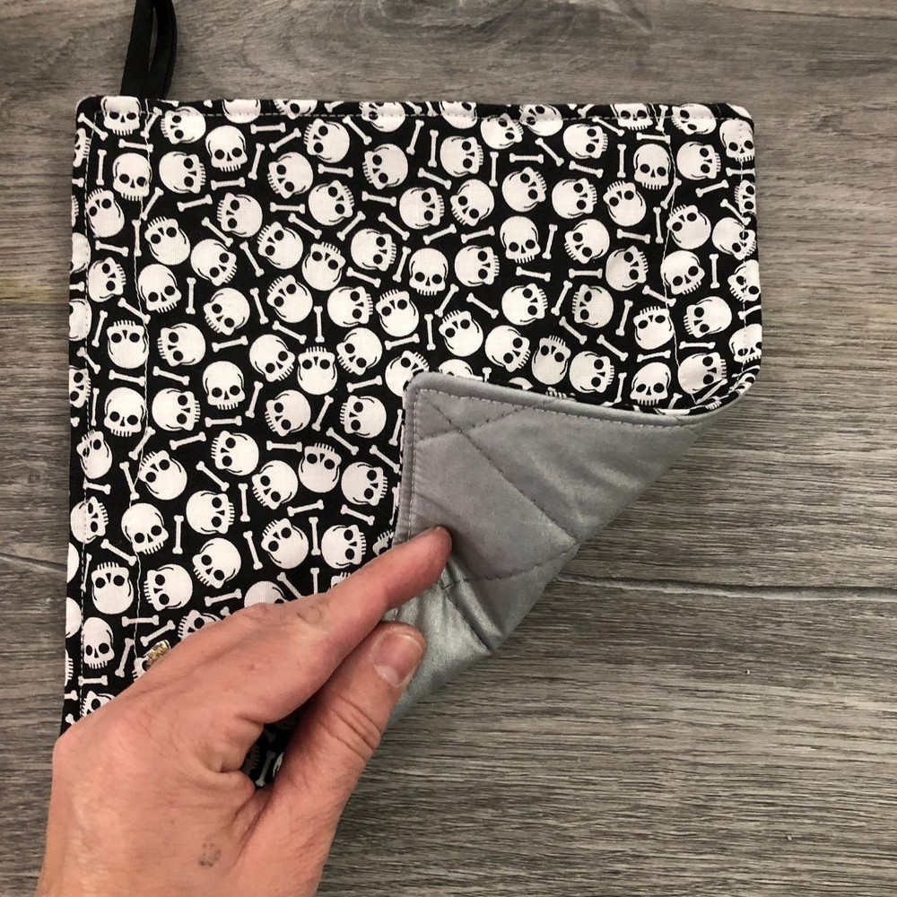 Handmade Quilted Potholder: Black & White Skull Goth Hot Pad trivet