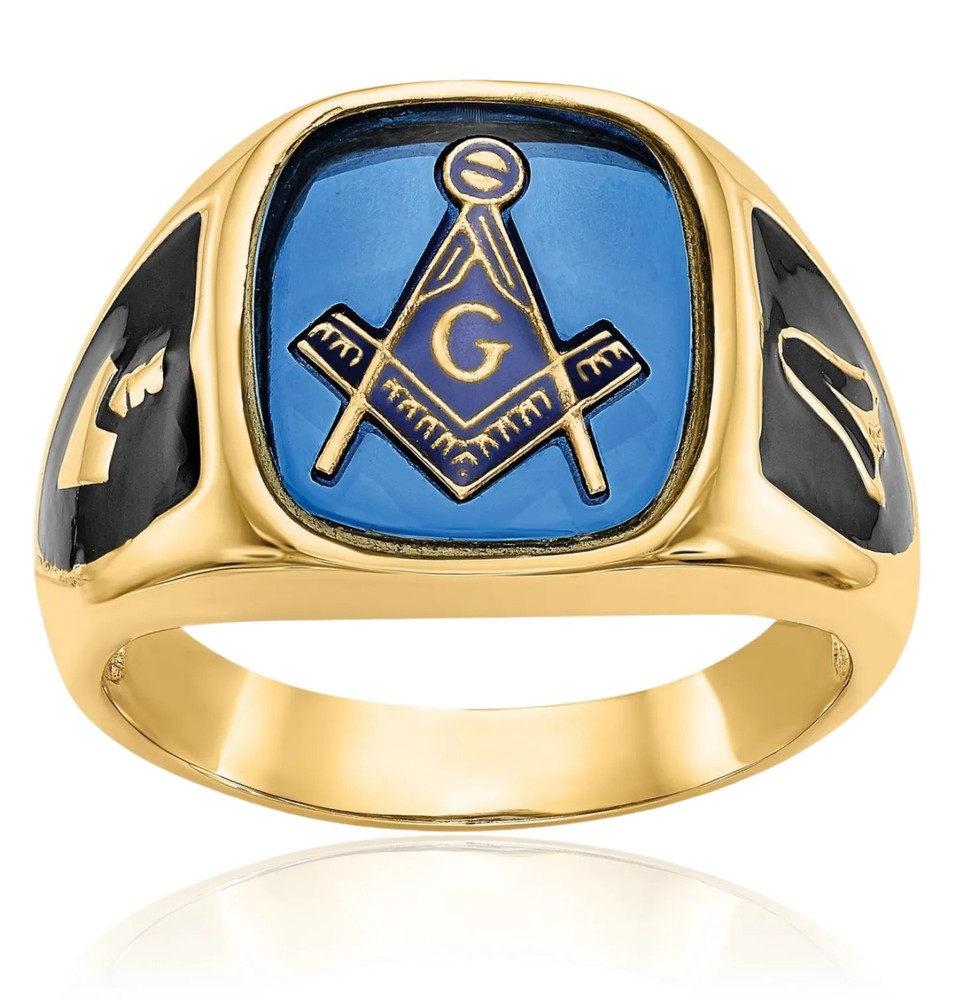 10K Solid Yellow Gold Mens Blue Spinel Masonic Ring