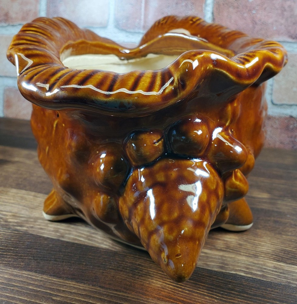 Vintage Brown Glazed Ceramic Conch Shell Planter, Seashell Nautical Decor