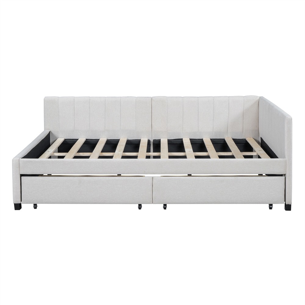 Full Size Daybed Upholstered Bed Frame Sofa Bed w/ 2 Storage Drawers Beige