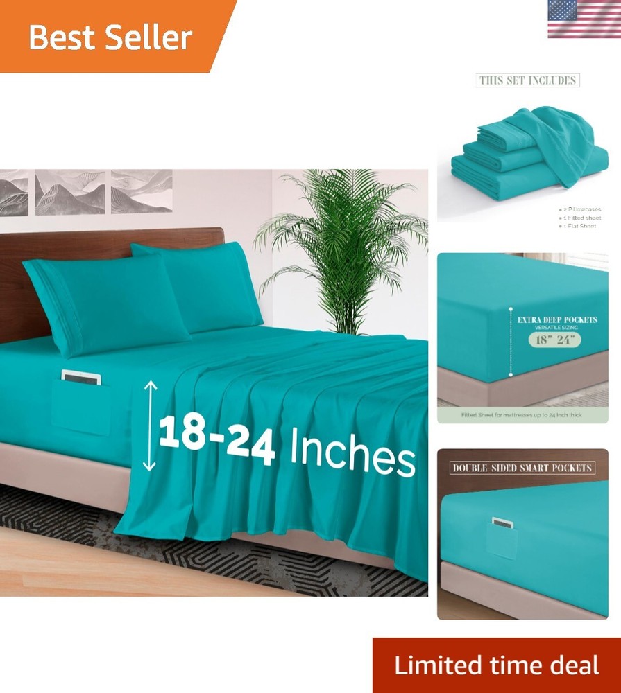 Extra Deep Pocket Queen Sheet Set - 1500 Thread Count Soft Teal Bedding