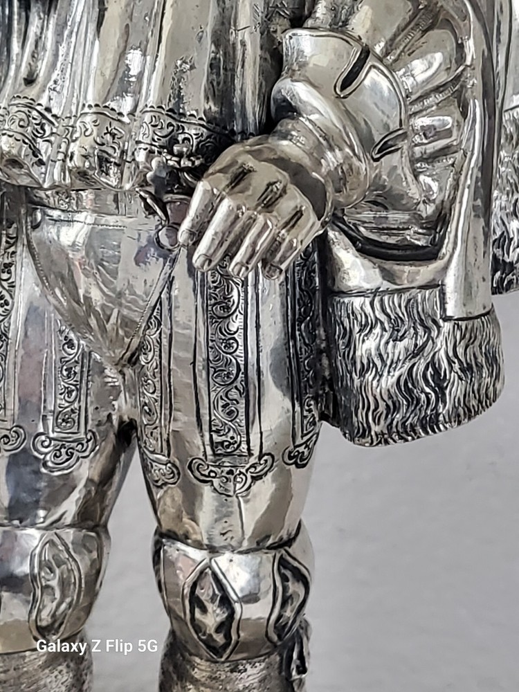 EXEPTIONAL PAIR EXTRA LARGE ANTIQUE HANAU GERMAN SILVER FIGURAL DECANTERS CA1880