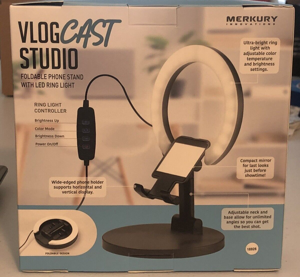 Merkury Vlog Cast Studio Kit Remote -LED Ring Light Foldable Stand NEW! NIB