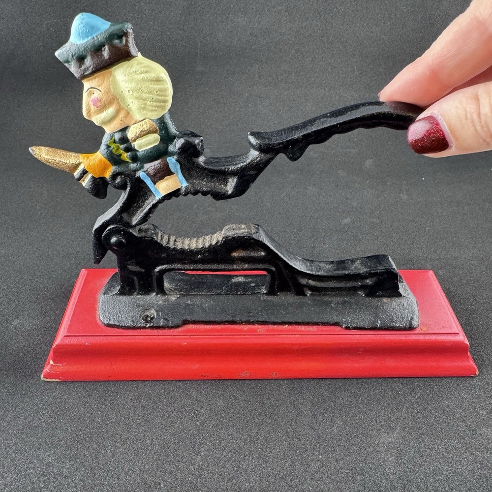 Cast Iron Christmas Nutcracker Wood Base Hand Painted King Soldier Functional