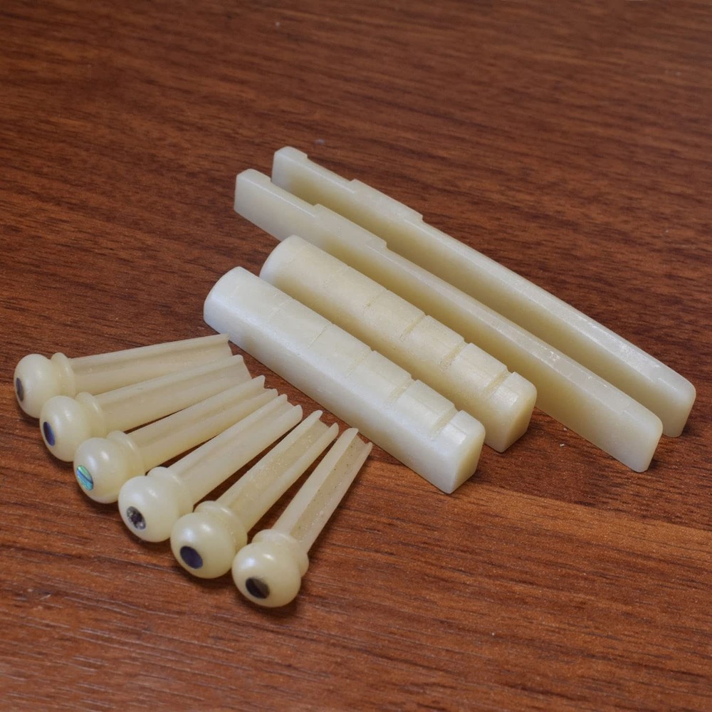 Unbleached Guitar Bridge Pins 6pcs, Nuts & Saddles 2 set, Cut from Complete Bone