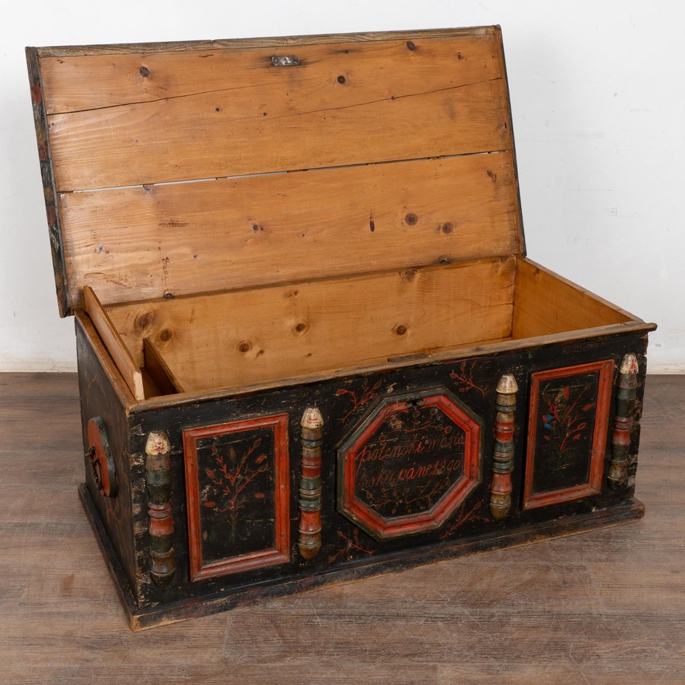 Original Painted Hungarian Flat-Top Trunk, Dated 1890