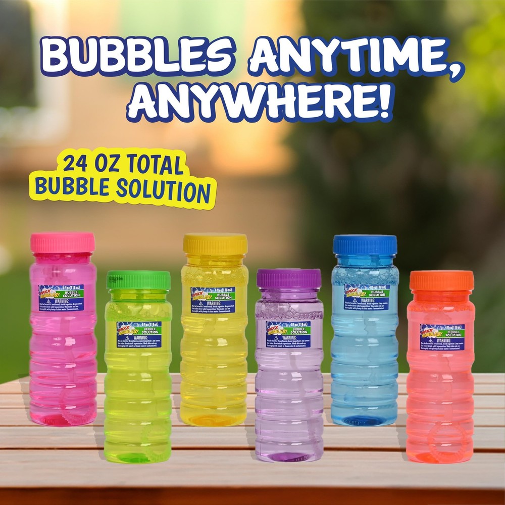 6 Pack Bubble Solution – 4oz Blower Bottles with 6-Hole 6Count, Multi