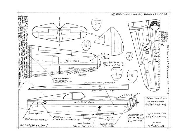 Dewoitine D.520 FF Rubber 18" Wingspan RC Model Airplane Printed Plans Templates