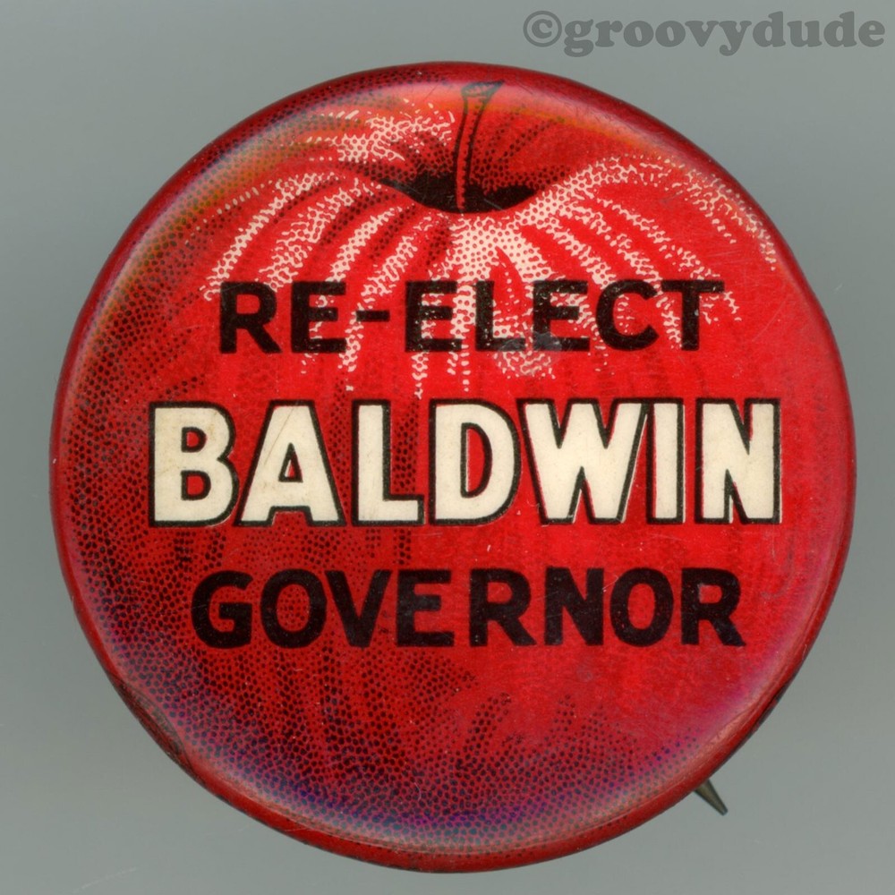 Re-Elect Baldwin Governor Connecticut Apple 1-1/4" Cello Campaign Pinback Button