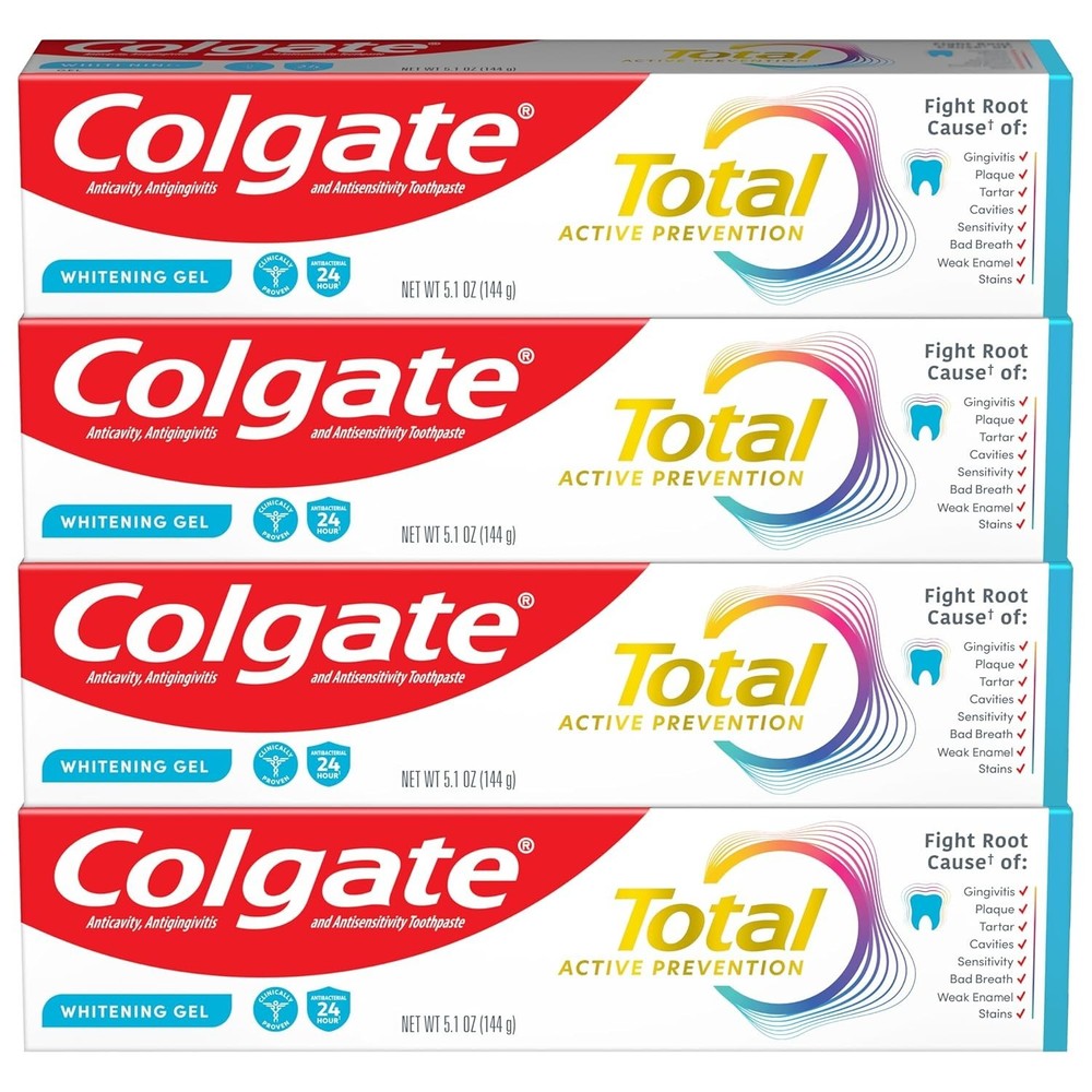 Colgate Total Active Prevention Whitening Gel Toothpaste, Fluoride, Mint, 4 Pack
