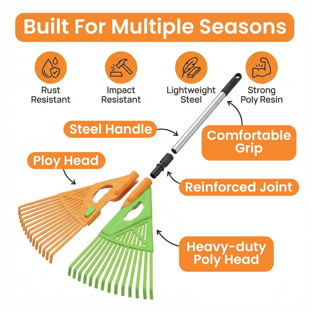 Extendable Long-Handle Leaf Grabber Rake for Leaves Grass & Debris