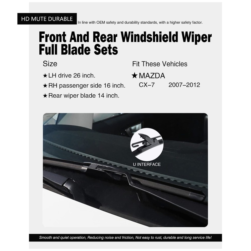 Mazda CX7 20072012 Windshield Wipers Set 26/16"+14" Front & Rear Blades"