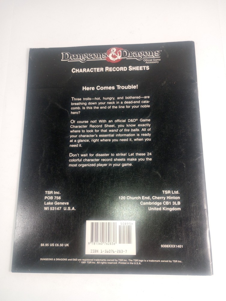 D&D DDREF1 Character Sheets TSR 9308 Dungeons And Dragons