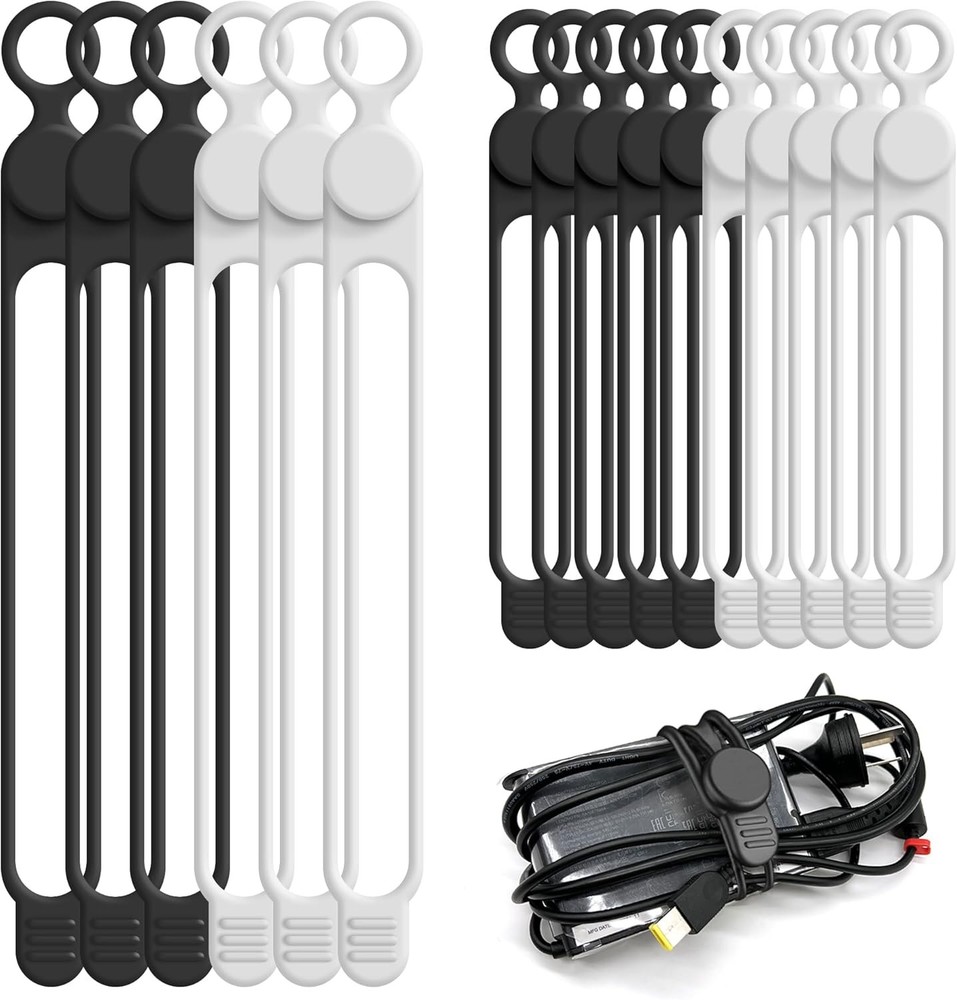 Silicone Cable Ties Reusable 16pcs Black White Organizer