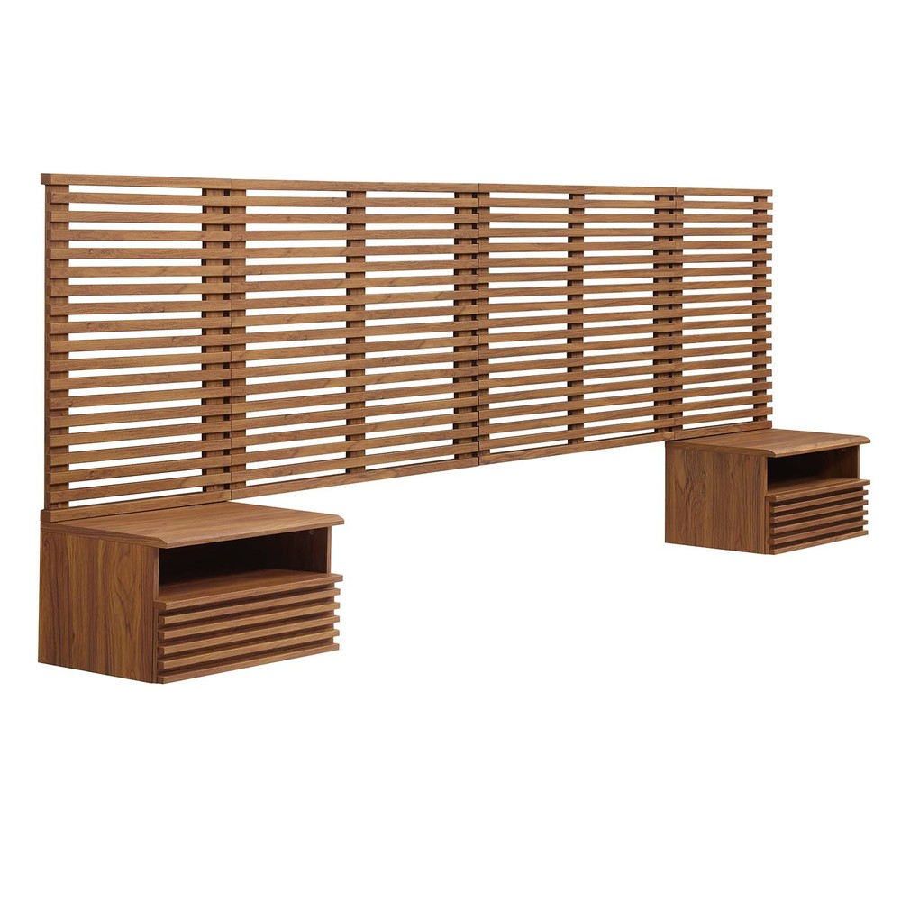 Modway Render Wall Mount King Headboard and Modern Nightstands in Walnut