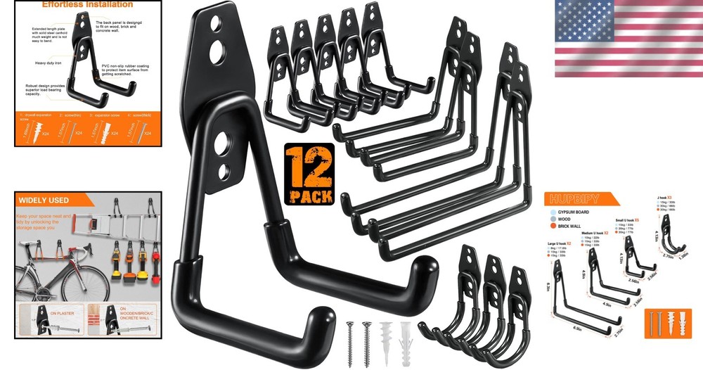 12 Pack Heavy Duty Garage Hooks with Anti-Slip - Ultimate Storage Solution