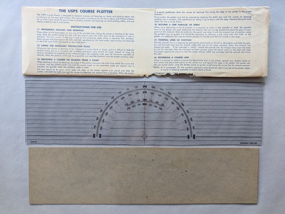 USPS 1960's Clear Nautical Navigation Course Plotter Ruler Tool W/ Sleeve