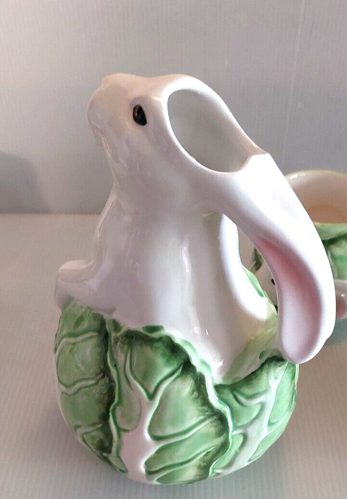 Bunny Rabbit in Cabbage Pitcher Rabbit 8" Tall Green and White Easter Spring