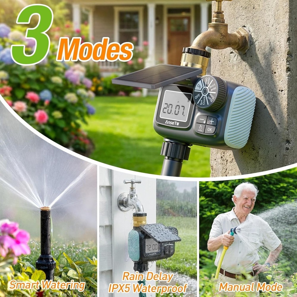 Solar Sprinkler Timer, Solar & Type-C Rechargeable Water Timer for Garden Hose