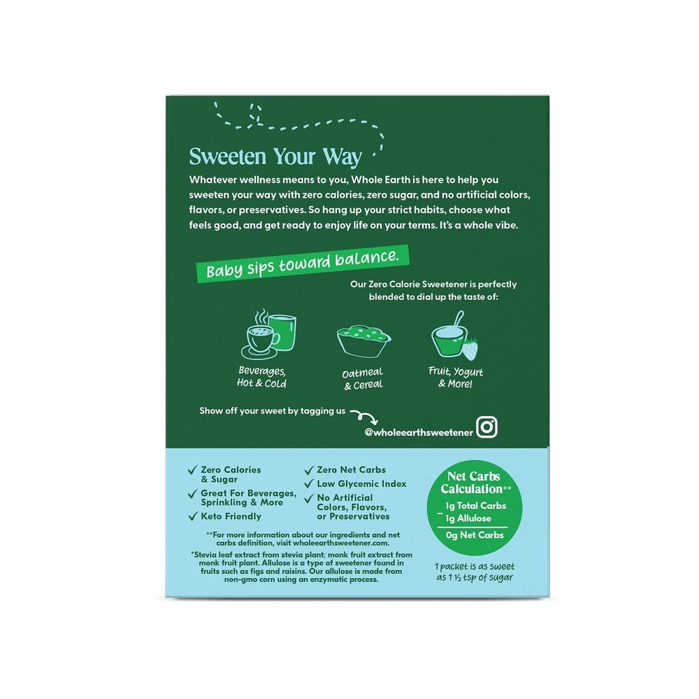 Whole Earth Stevia, Monk Fruit & Allulose 40ct Packets, Zero Calorie Sugar