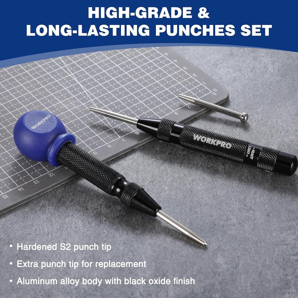 WORKPRO 2PCS Automatic Center Punch with an Extra Replacement Tip, Adjustable Sp