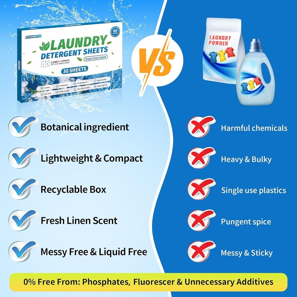 Ultra-Concentrated Laundry Sheets - 30 Pack, Liquidless & Plastic-Free