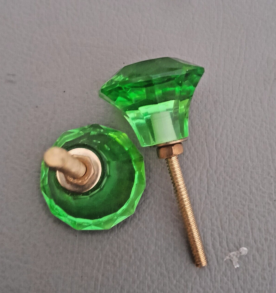 vtg  Light green  victorian diamond cut glass drawer knob handle pull 2PC