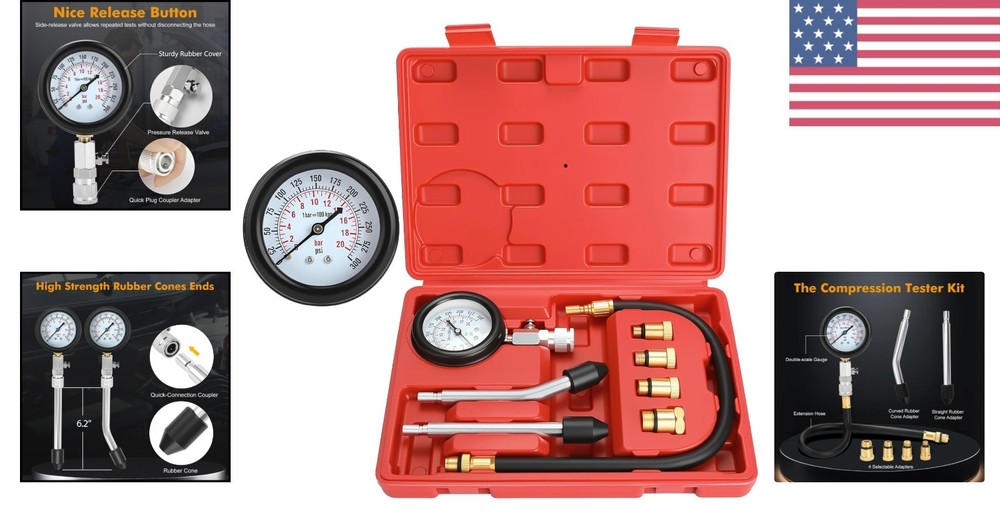Comprehensive Petrol Engine Compression Testing Kit - 8pcs with Gauge & Hose