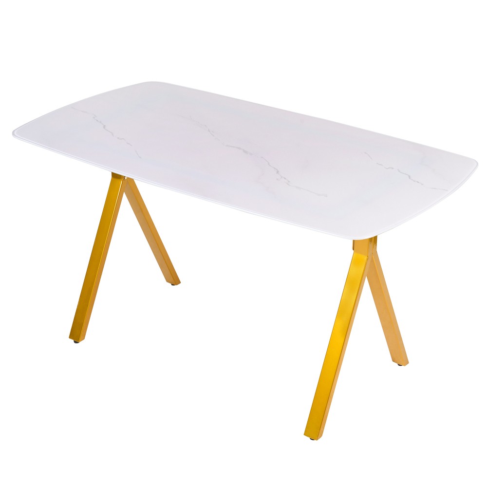 Rectangular dining table featuring a tempered glass tabletop a marble-patterne