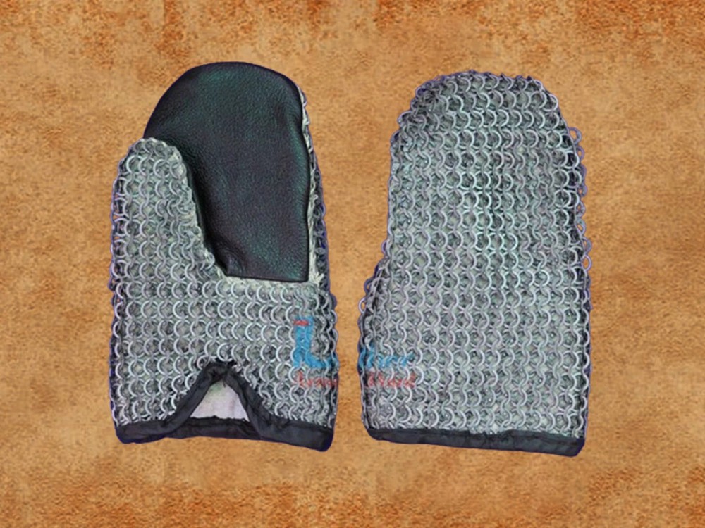 Chain mail Mitten, 8MM chainmail Flat riveted With Leather Chainmail Gloves, LAP