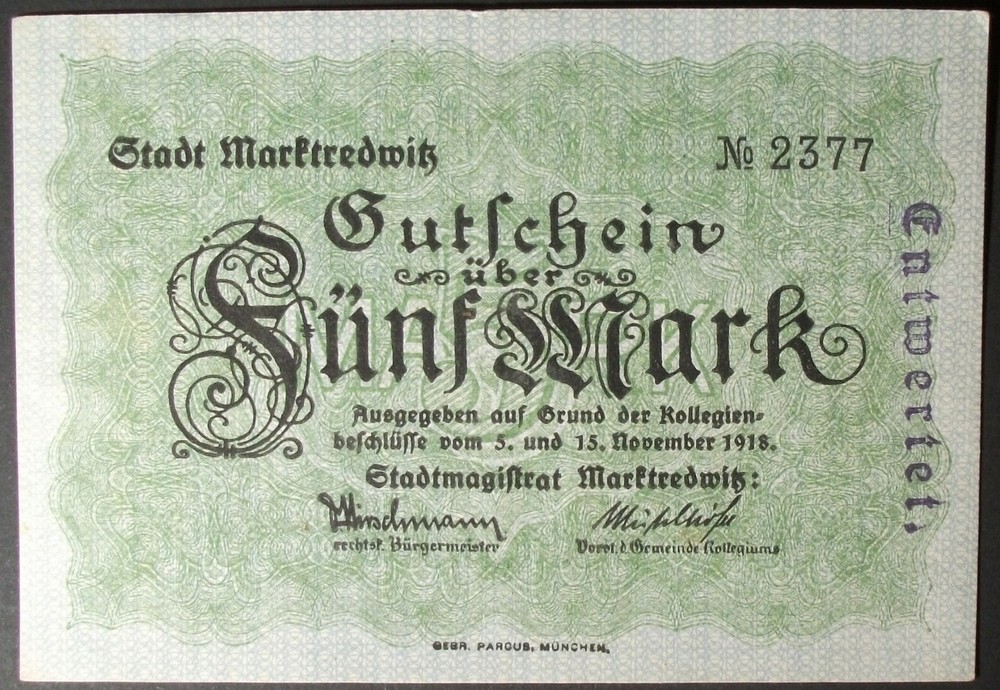 1918 Germany/Marktredwitz 5 Marks XF