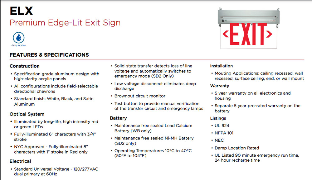 900E LED Exit Sign Edge Lit Red Letters Single Face Battery Backup