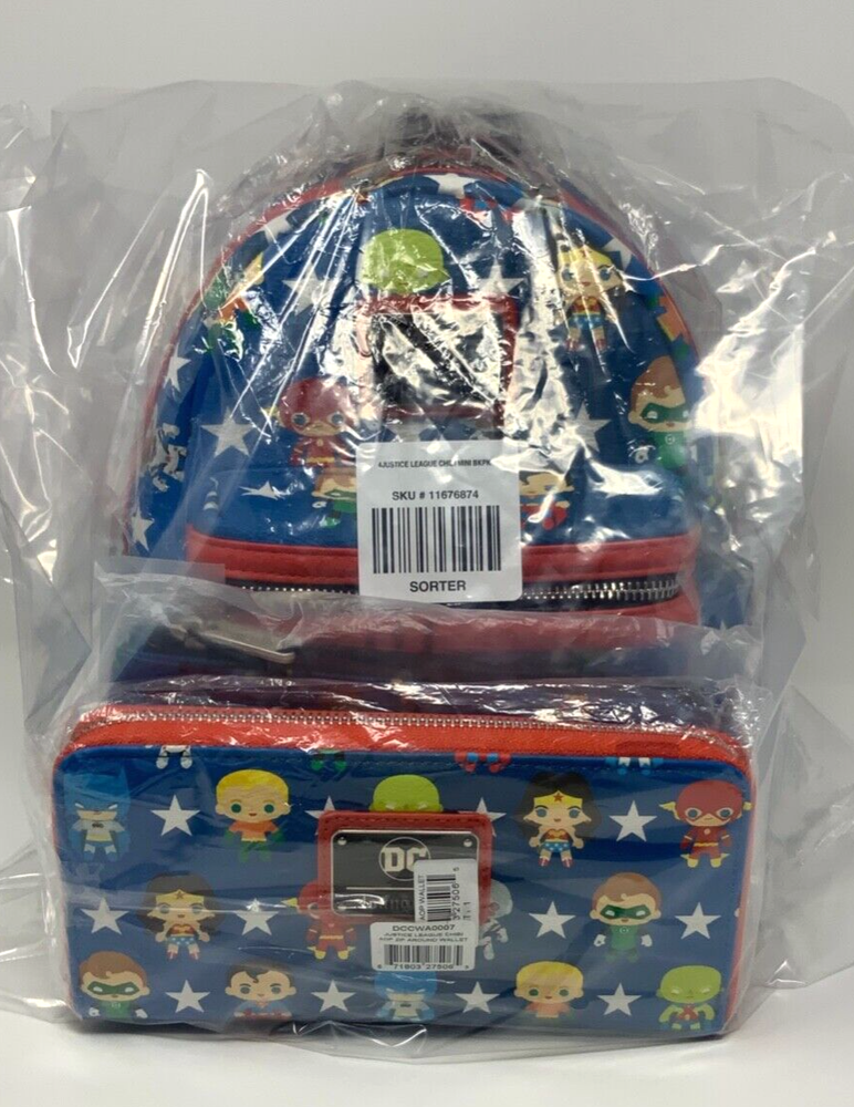 Loungefly DC Comics JUSTICE LEAGUE CHIBI CHARACTERS Mini Backpack~Wallet~Pouch