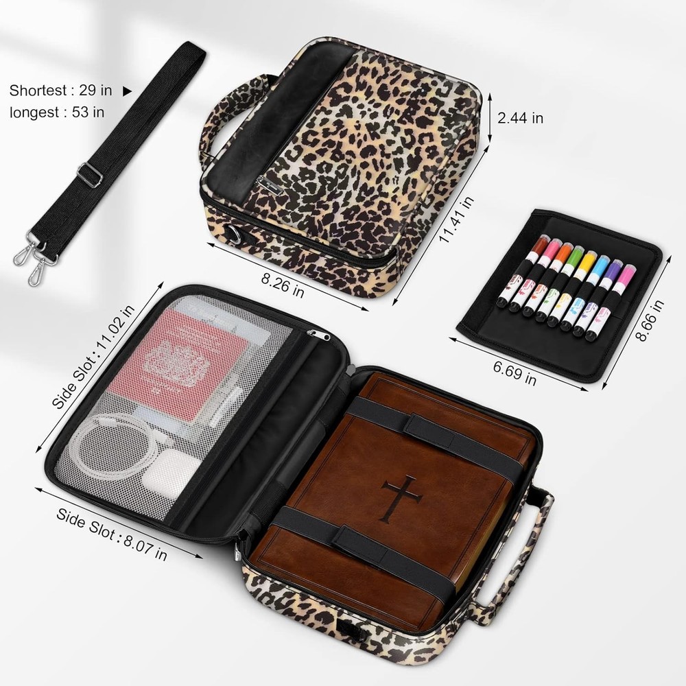 Leopard Large Bible Cover with Shoulder Strap & Organizer