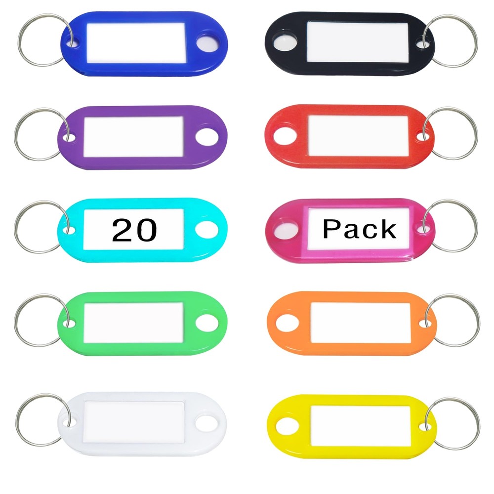 20 Pack Plastic Key Tags, with Label window, with Split Ring, Organization