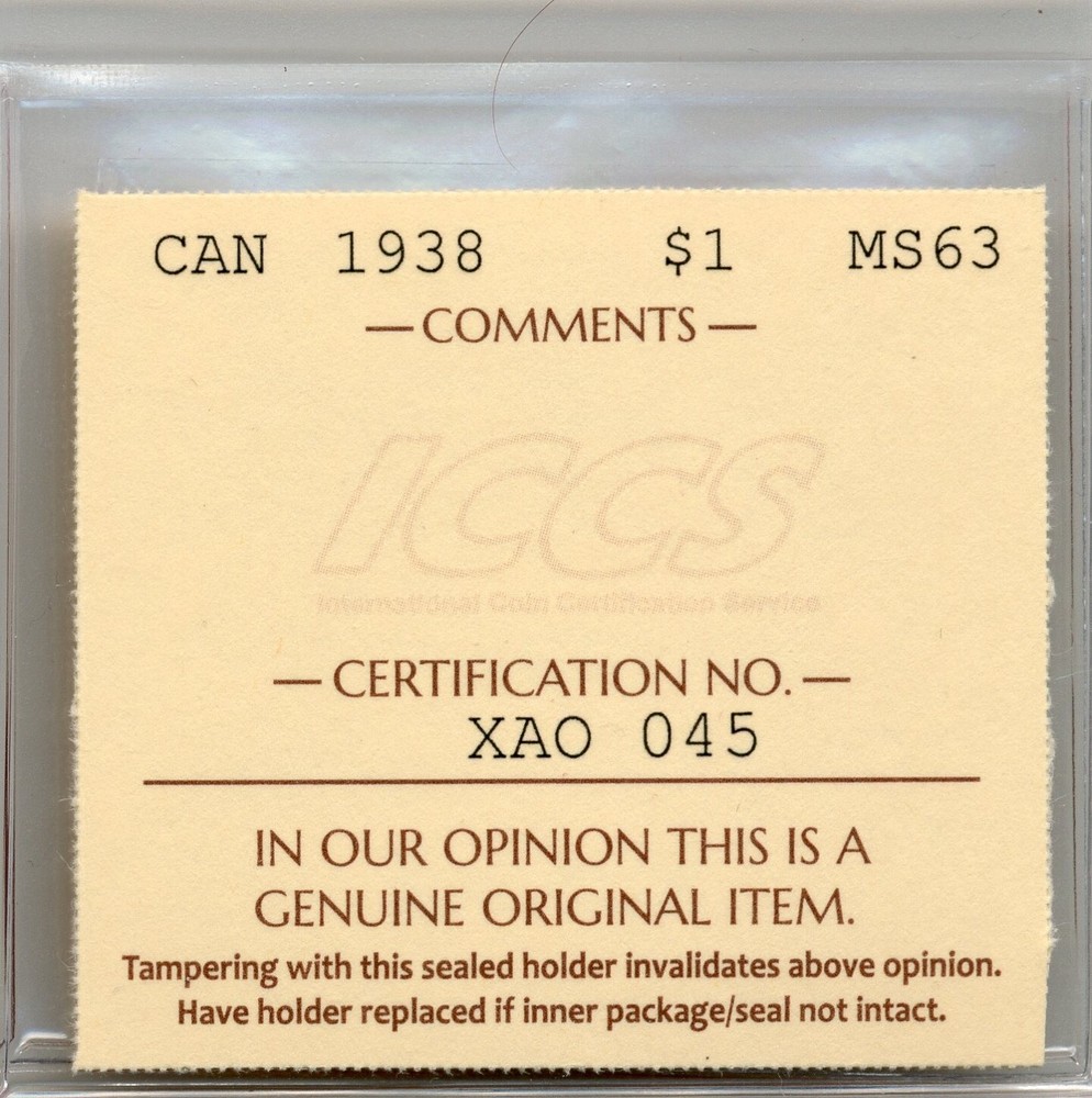 1938 Canada Silver Dollar - Choice Uncirculated, ICCS MS 63