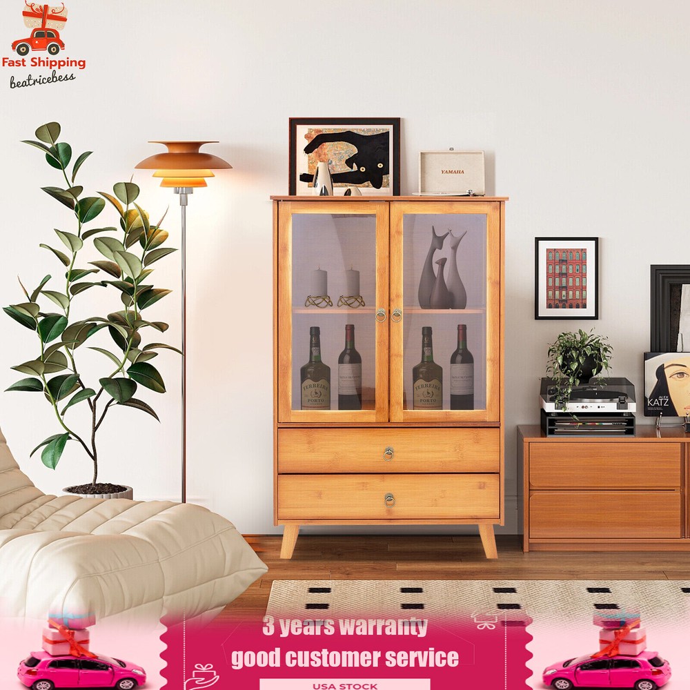 2-Compartments Bamboo Kitchen Sideboard Storage Organizer Cupboard Freestanding