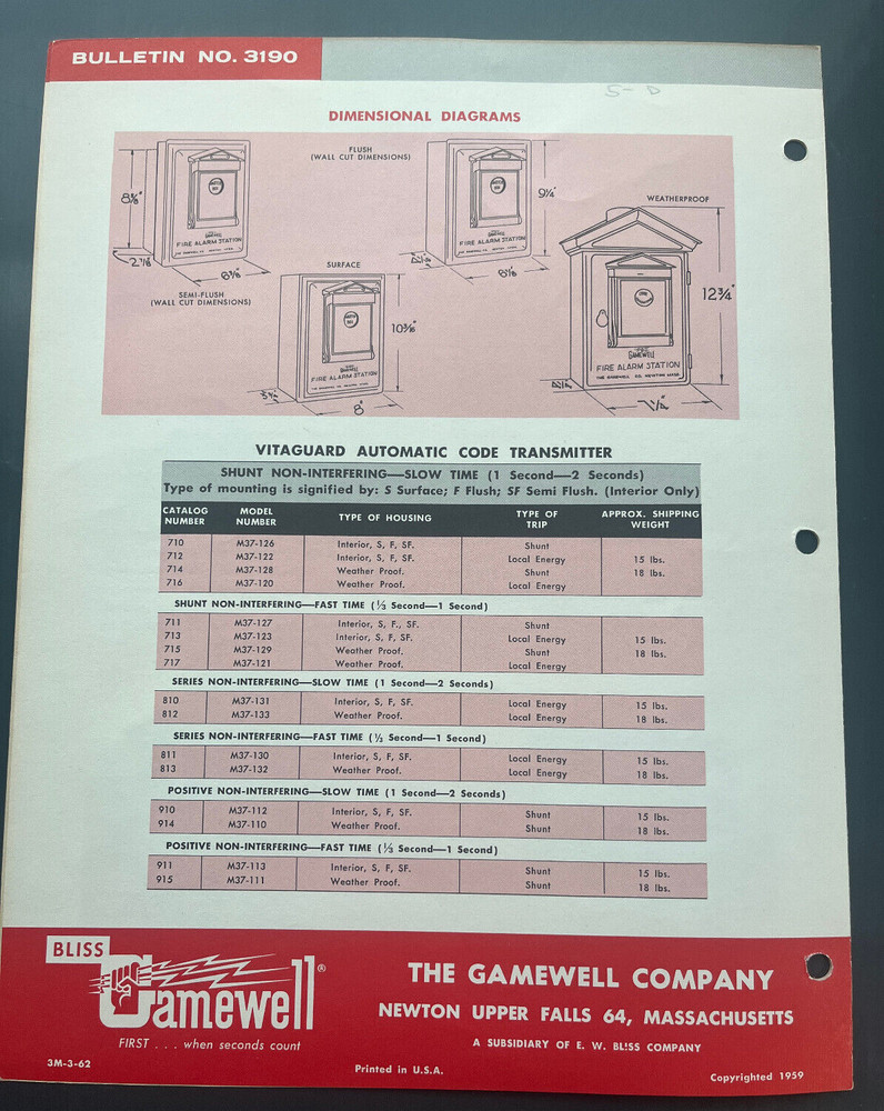 1959 GAMEWELL FIRE ALARM COMPANY AUTOMATIC CODE TRANSMITTER BULLETIN NO. 3190
