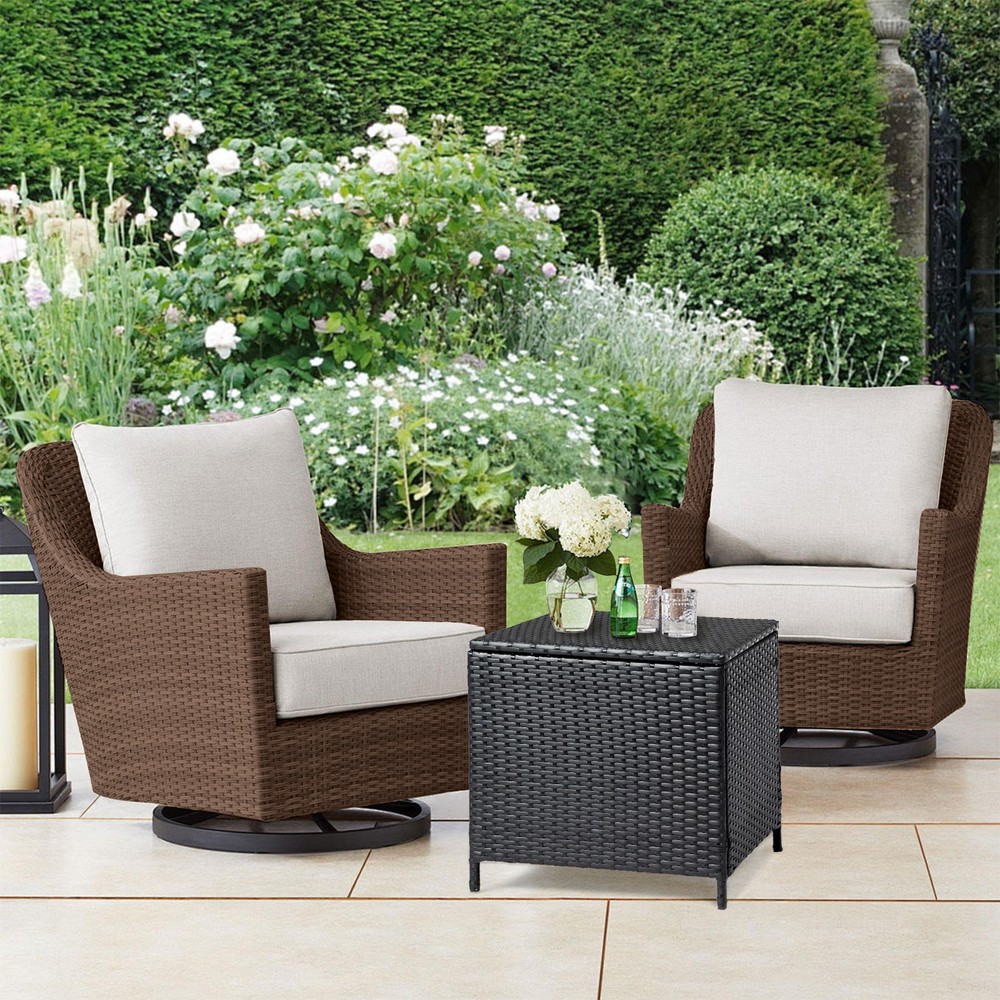 PE Wicker Side Table with Storage, Patio Rattan End Table Square Container