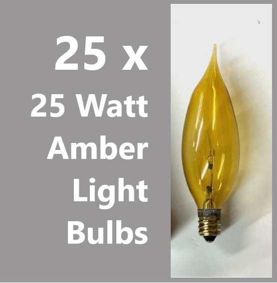 25-PK 25B10 25W 120V Bent Tip AMBER Candelabra E12 Light Bulb Decor ABCO 03370