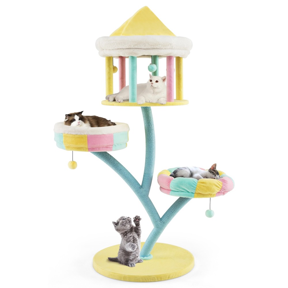 Multi-Layer Cat Tree Cat Tower w/ Open Condo 2 Removable Perches Dangling Balls