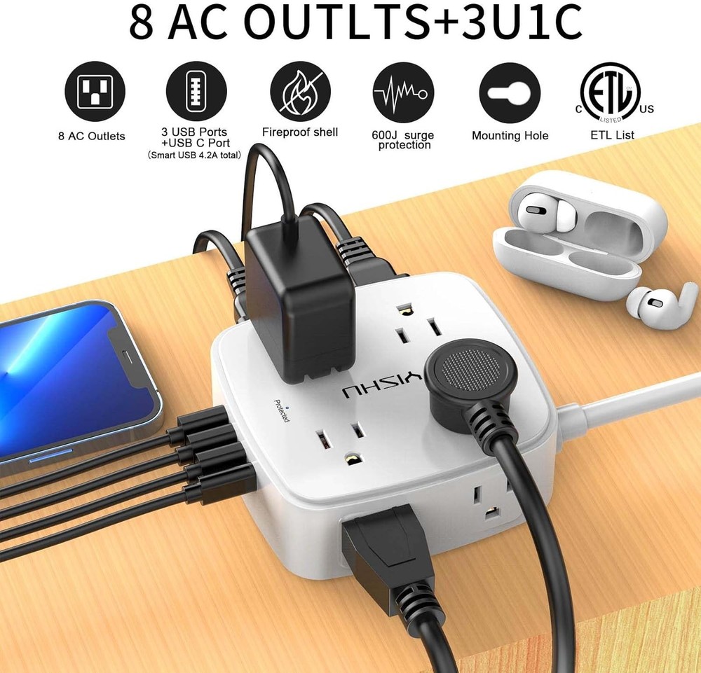 6ft Surge Protector Power Strip, 8 Outlets + 4 USB, Flat Plug Wall Mount