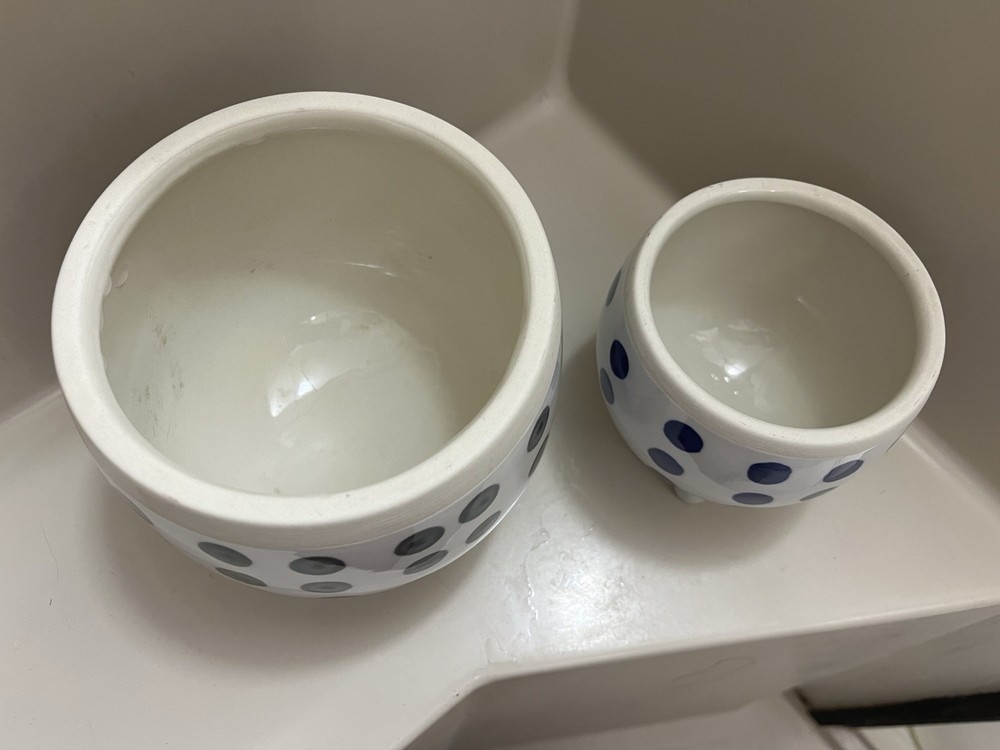 set 2 west elm decorative footed ceramic pots spherical w/ dots plant flower